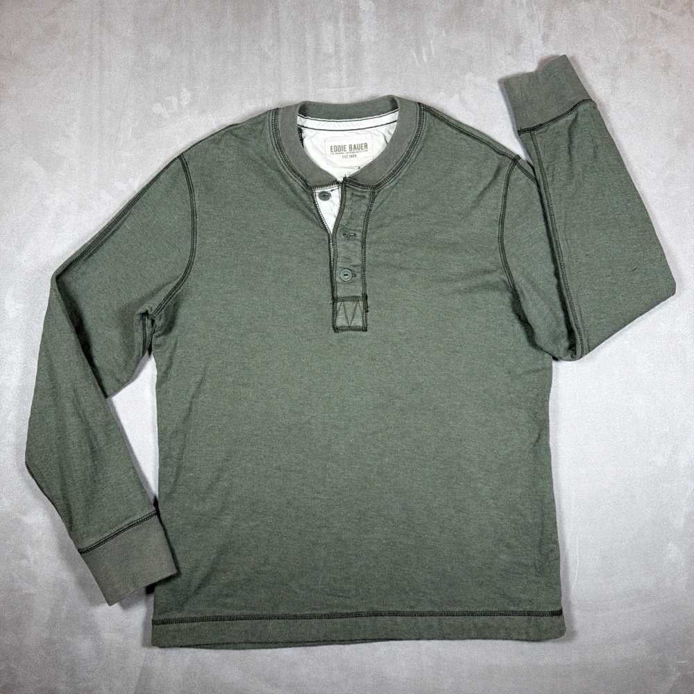 Eddie Bauer Heavyweight Henley Shirt Men's Large Green Long Sleeve Cotton - Picture 2 of 14
